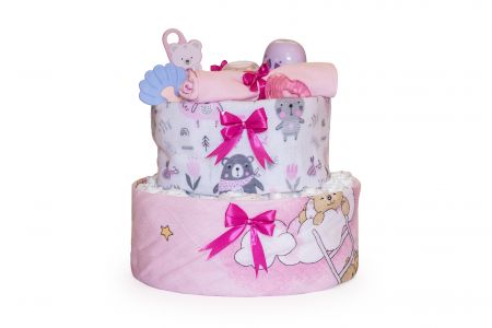 NašeMimčo Dvoupatrový plenkový dort růžový se zvířátky Základ z plen: Pampers Premium Care vel. 2 (4-8 kg)