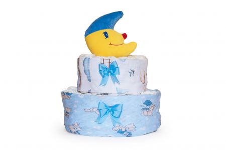 NašeMimčo Dvoupatrový plenkový dort modrý měsíc Základ z plen: Pampers Premium Care vel. 1 (2-5 kg)