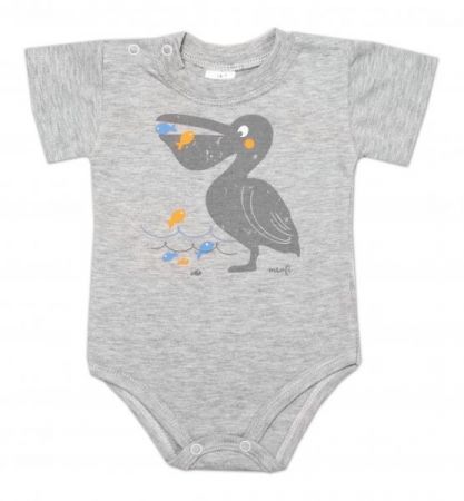 Body kr. rukáv, bavlna, zapínání u krku Mrofi, Pelikán - šedé, 68 (3-6m)
