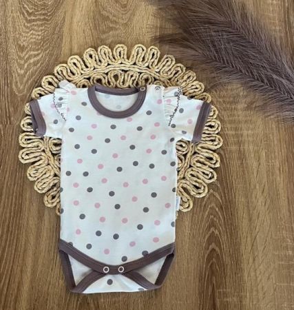 Dětské body, kr. rukáv Mamatti, zap. u krku, Puntík - smetana/hnědý lem, vel. 86, 86 (12-18m)