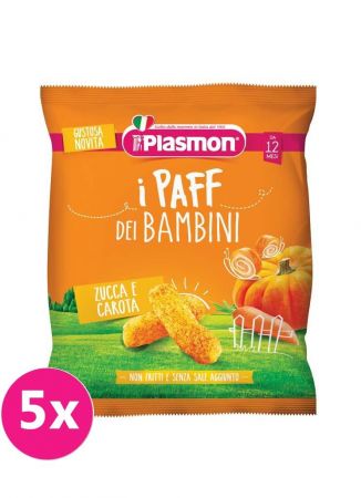 5x PLASMON Křupky zeleninové bezlepkové na cesty Paff mrkev a dýně 15 g, 12m