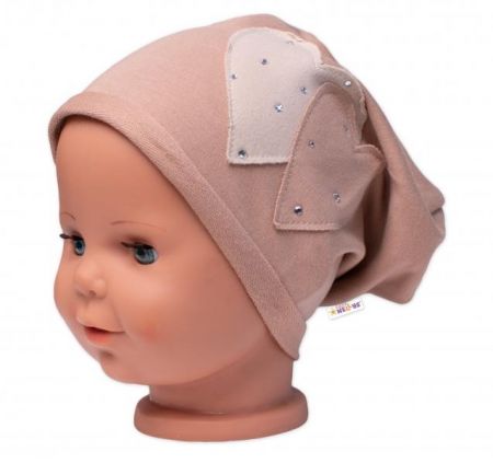 Dětská čepice bavlna, Srdíčka s kamínky, Baby Nellys, béžová, vel. 92/98, 92-98 (18-36m)