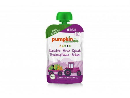 Pumpkin Organics BIO Zeleninové pyré z mrkve, špenátu, hrášku s hruškou, sušených švestek 6 m+