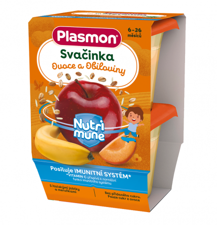 PLASMON Svačinka bezlepková ovocná NUTRI-MUNE jablko, banán, meruňka a obiloviny 2x120g, 6m