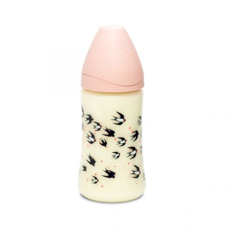 SUAVINEX | LÁHEV Kulatá savička LATEX 270 ml - RŮŽOVÉ VLAŠTOVKY
