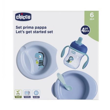 CHICCO Set jídelní - talíř, lžička, sklenka - modrý 6m+