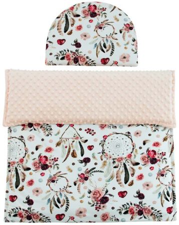 ESITO Luxusní deka s polštářem do kočárku Minky Růžový sen 3 v 1 - 65 x 85, 35 x 27 cm / lososová Barva: Lososová, Velikost: 65 x 85, 35 x 27 cm ESDEKKOCMNKLSS