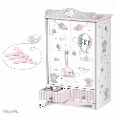 DECUEVAS TOYS - 54035 Dřevěná šatní skříň pro panenky se zásuvkami a doplňky SKY 2020