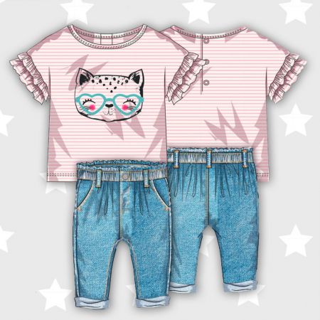 Dívčí set - tričko a kalhoty džínové, Minoti, Purrfect 1, růžová - 80/86