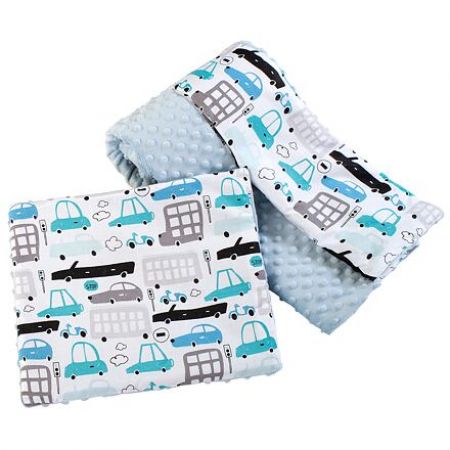 Set Medi do postýlky přikrývka + polštář světle modrá/světlá autíčka