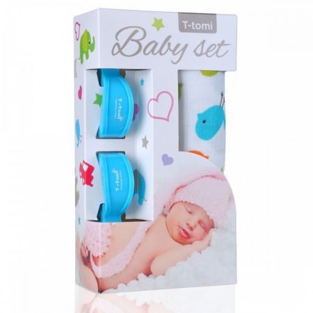 T-TOMI - Baby set - bambusová osuška birds / ptáčci + kočárkový kolíček blue / modrá