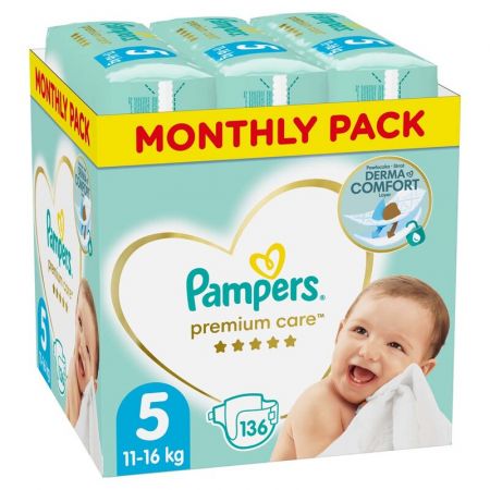 PAMPERS - Premium Care Pleny jednorázové 5 (11-16 kg) 136 ks - MĚSÍČNÍ ZÁSOBA