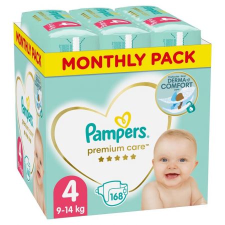 PAMPERS - Premium Care Pleny jednorázové 4 (9-14 kg) 168 ks - MĚSÍČNÍ ZÁSOBA