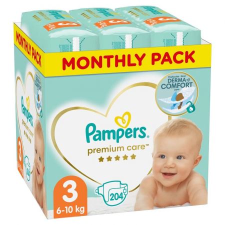 PAMPERS - Premium Care Pleny jednorázové 3 (6-10 kg) 204 ks - MĚSÍČNÍ ZÁSOBA