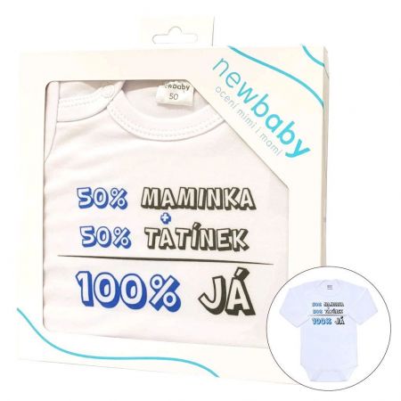Body s potiskem New Baby 50% MAMINKA + 50% TATÍNEK - 100% JÁ modré - dárkové balení 80 (9-12m)
