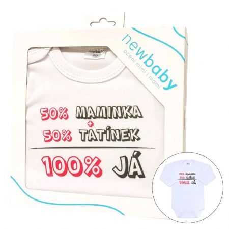 Body s potiskem New Baby 50% MAMINKA + 50% TATÍNEK - 100% JÁ růžové - dárkové balení 86 (12-18m)