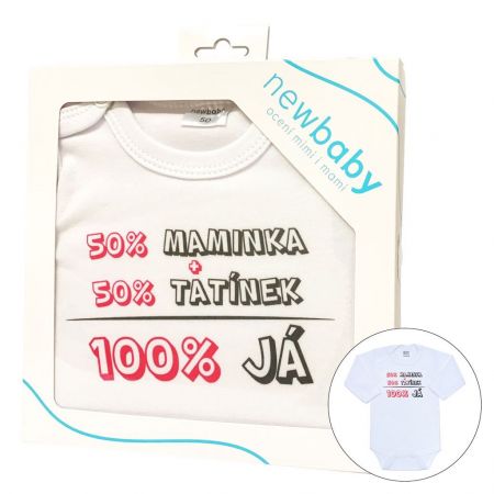 Body s potiskem New Baby 50% MAMINKA + 50% TATÍNEK - 100% JÁ růžové - dárkové balení 50
