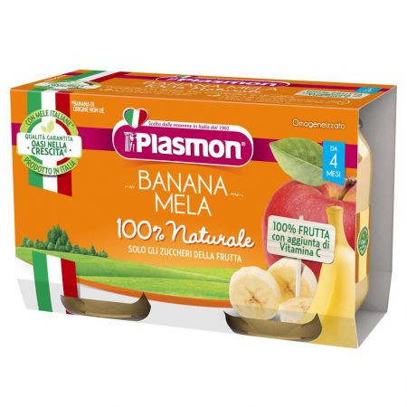 PLASMON Příkrm ovocný jablko a banán 2x104 g, 4 m+